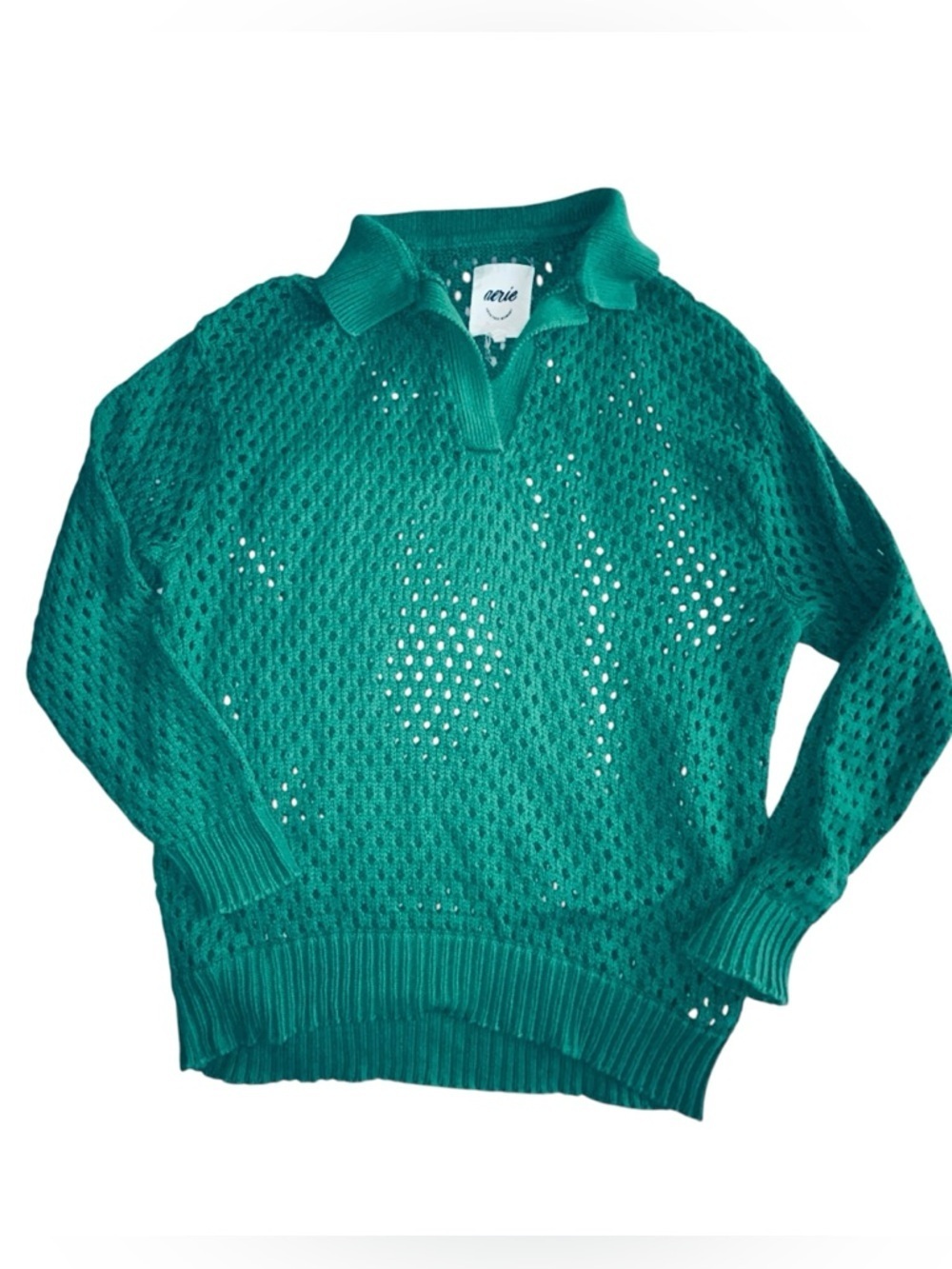 aerie green Open-Knit Polo Sweater size medium